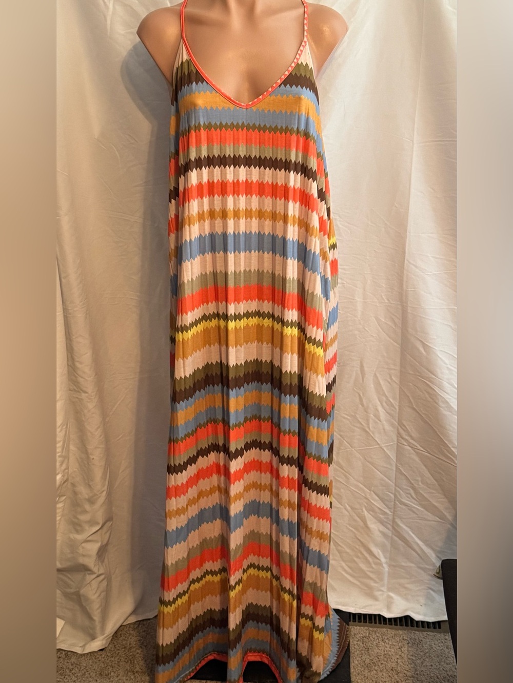 NWOT Boutique Striped Zigzag Maxi Sundress - Coral, Blue, Olive, Mustard